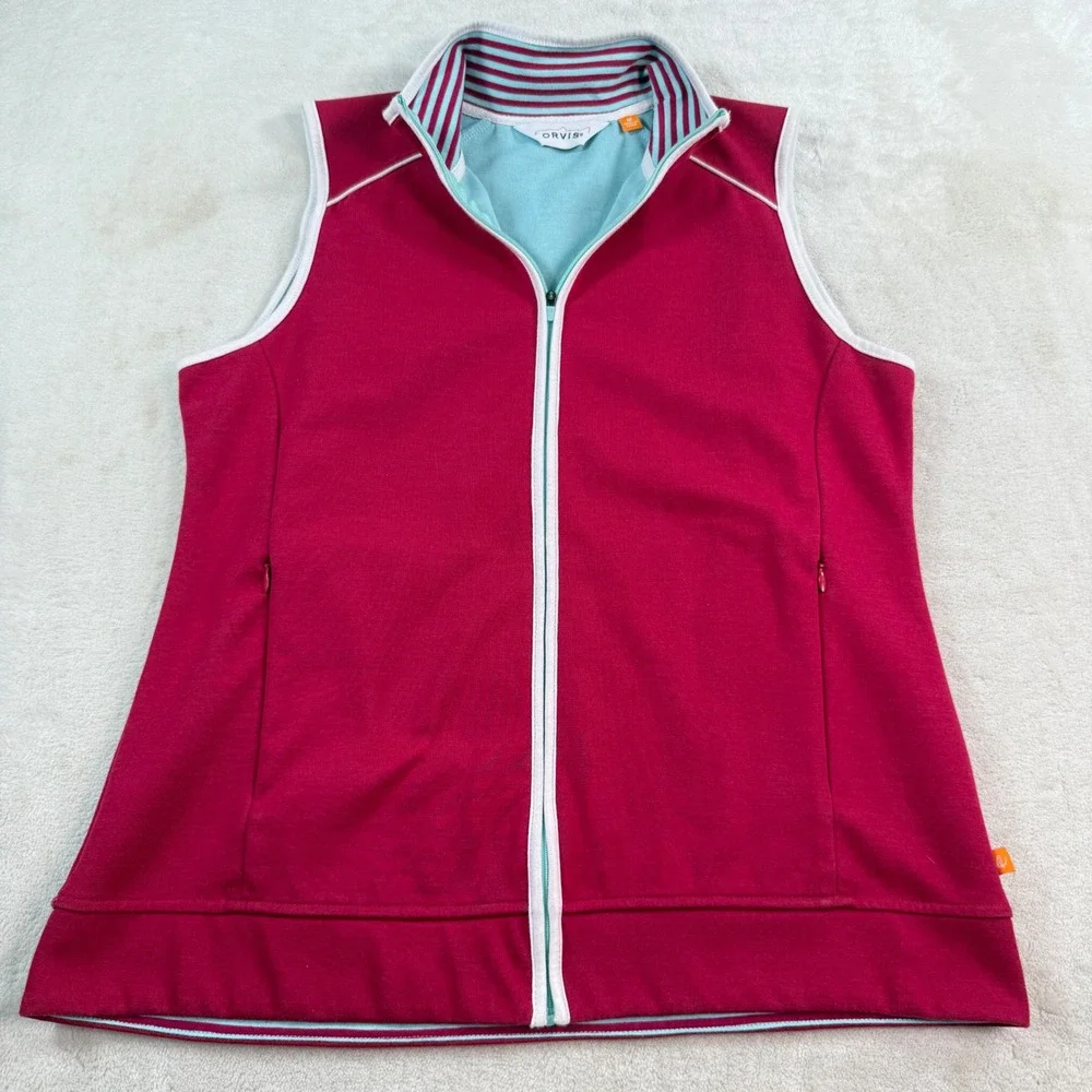 Orvis Womens Full Zip Vest Pink Striped Mock Neck Pockets Activewear Size M
